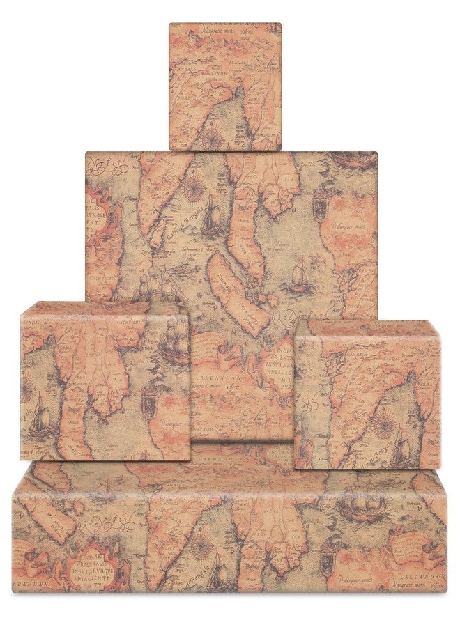AirCool Vintage Retro Map Wrapping Paper, Antique Mysterious Ocean Sea Far East World Old Map Sailing Boat Nautical Kraft Wrap 6 Sheets Folded Flat 20x29 inches per Sheet for Traveller Libraries Birthday - Image 1